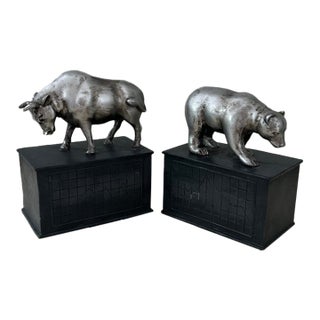 Vintage Bull & Bear Stock Market Bookends, Silver-Tone Metal For Sale