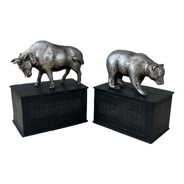 Vintage Bull & Bear Stock Market Bookends, Silver-Tone Metal For Sale