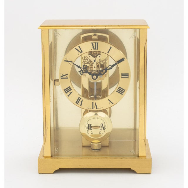 S. Haller German Brass Mantle Clock, with floral etched glass case and black enamel roman numeral indices, marked "S....