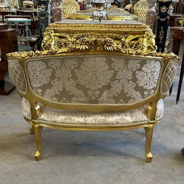 French Settee Bench With Gold Details For Sale - Image 4 of 5