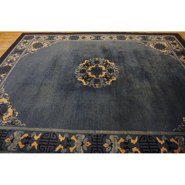 1900s Blue Traditional Shou Symbols Medallion Antique Peking Chinese Knotted Rug For Sale - Image 10 of 10