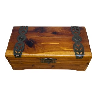 Vintage Wooden Keepsake Box With Decorative Metal Hardware For Sale