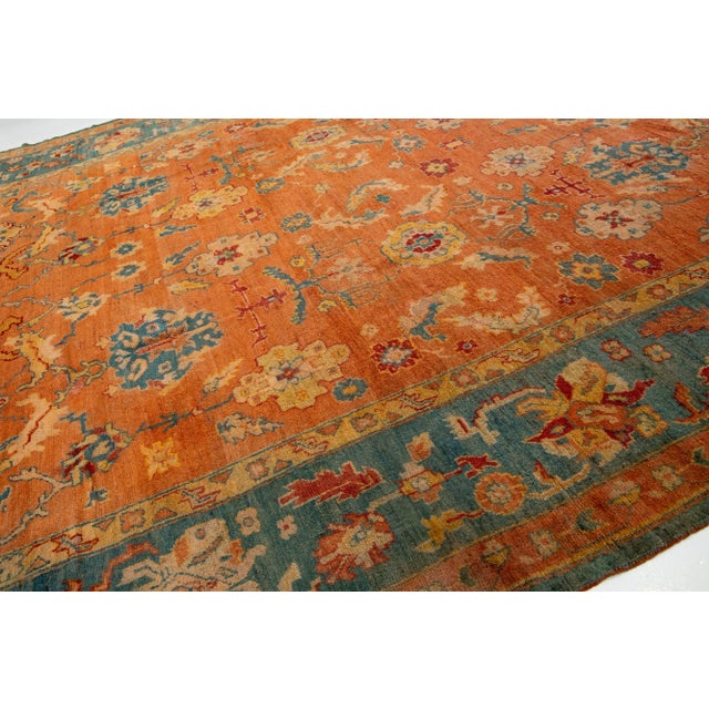 Orange and Blue Antique Turkish Oushak Wool Rug Handmade From the 1880s For Sale In New York - Image 6 of 9