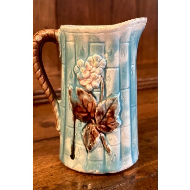English Antique Majolica Pitcher Floral For Sale - Image 3 of 11