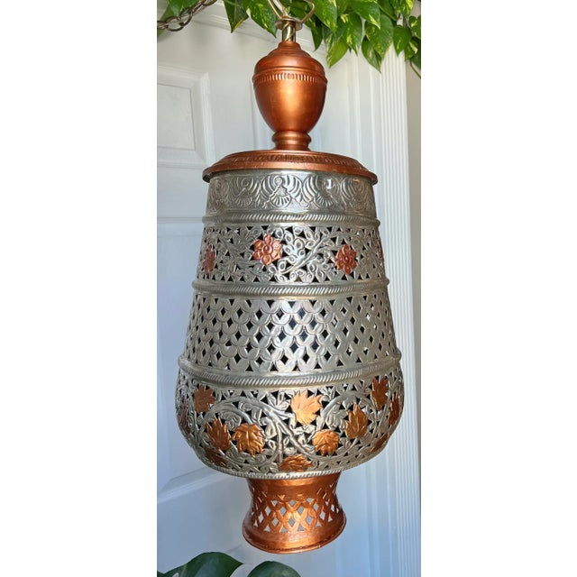 Indian Vintage Silver Copper Toned Floral Perforated Metal Urn Pendant Lamp For Sale - Image 3 of 13