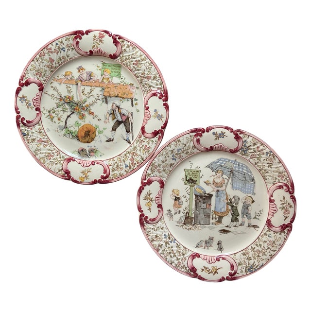 French Plates Illustrated by Froment Richard for Sarreguemines, 1890, Set of 2 For Sale