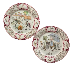 French Plates Illustrated by Froment Richard for Sarreguemines, 1890, Set of 2