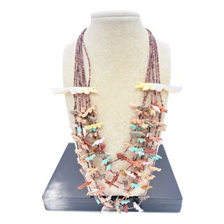 1980s Seven‑Strand Mixed‑Stone Fetish Necklace With Hand‑Cut Heishi & Silver Findings For Sale