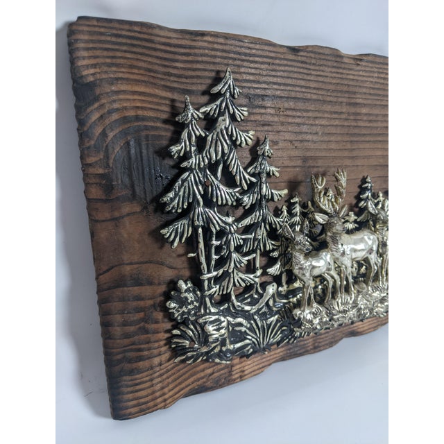Vintage Silver-Tone Deer Woodland Relief Plaque on Rustic Wood, 13" For Sale - Image 4 of 12