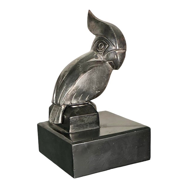 Antique Spelter Metal Art Deco Sculpture Cockatoo Bird on Metal Base, Circa 1920's-1930s For Sale