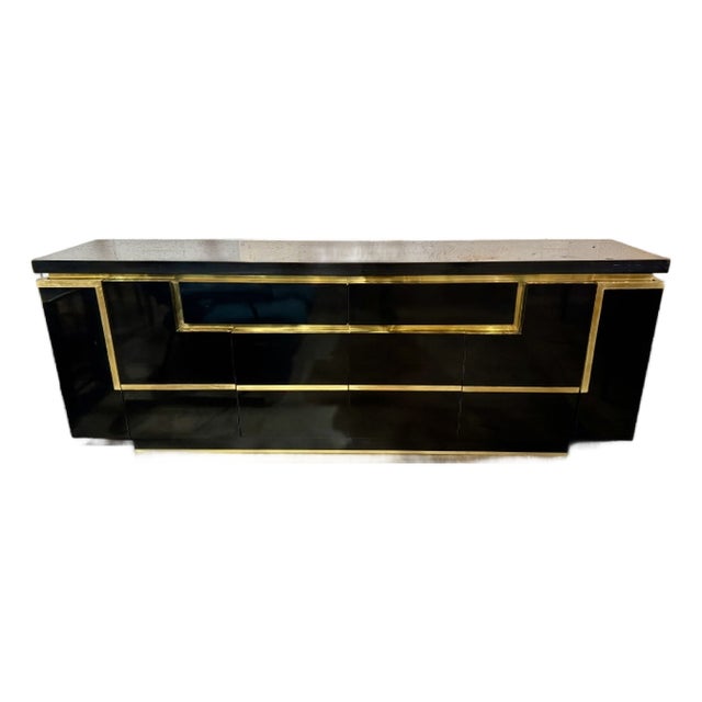 Jean Claude Mahey Design Black Laquer and Brass Sideboard For Sale