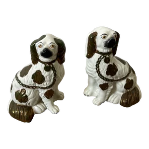 Assembled Pair of 19th Century Copper Lustre and White Staffordshire Dogs. Unique Colorway!