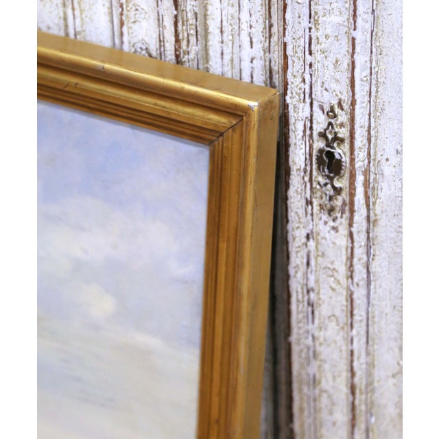 Wood 19th Century French Coastal Harbor Marine Oil Painting in Giltwood Frame For Sale - Image 7 of 11