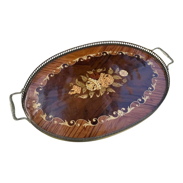 Vintage Italian Marquetry Wood Inlay and Brass Tray For Sale
