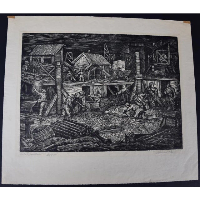 This is a signed woodcut engraving entitled "Subway Construction, Moscow" created by Albert Abramovitz in 1935, after a...