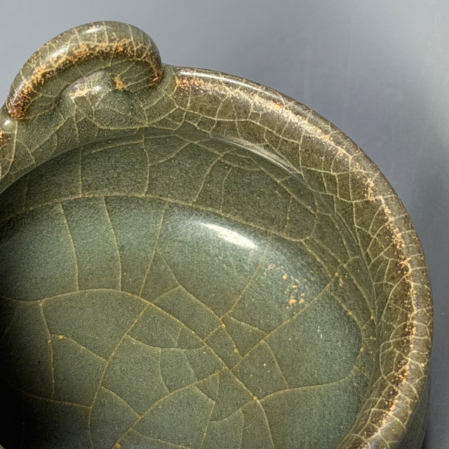 Antique Chinese Celadon Crackle Glaze Tripod Censer, Collectible Ceramic For Sale - Image 4 of 8