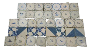 Set of 39 Antique Dutch Delft Blue White Geometric Star Animal Rabbit Hound Deer Tiles