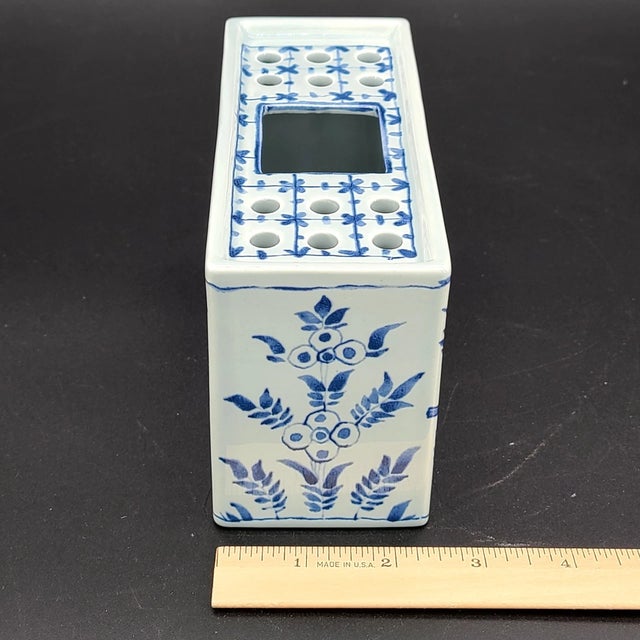 Delft Vintage MCM Williamsburg Delft Pottery Holland Flower Frog Brick Vase For Sale - Image 4 of 6