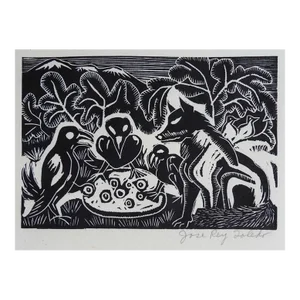Vintage Mid 20th Century Jose Rey Toledo Raven Crow Wolf Woodcut