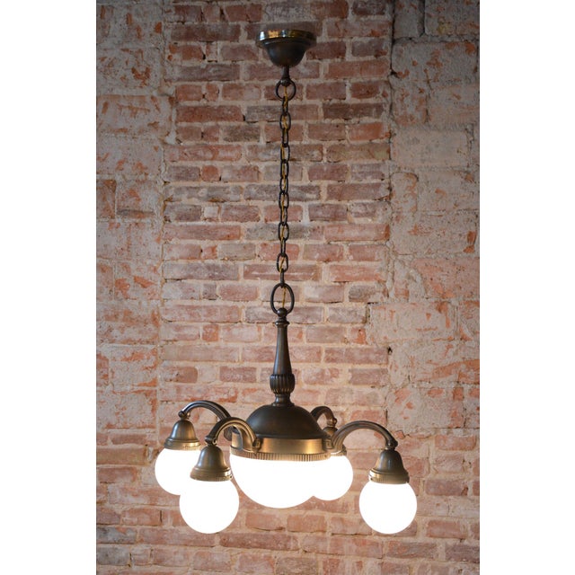 Art Deco Salon Chandelier in Brass and Milk Glass, 1920s For Sale - Image 10 of 13
