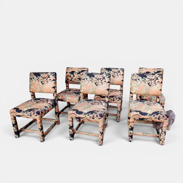 A striking set of six Mid-Century Parsons dining chairs, custom upholstered in a vintage Japanese designer textile, these...