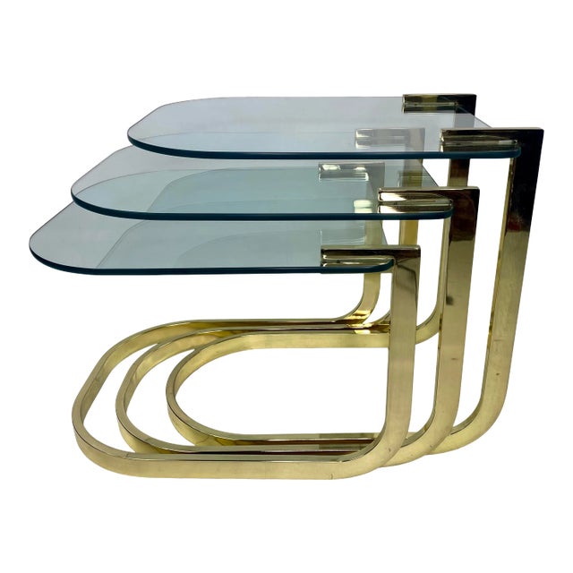 Mid-Century Glass and Brass Nesting Tables by Design Institute America For Sale