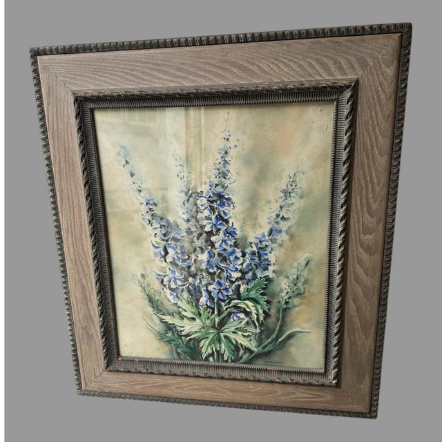 Blue Mid 20th Century Vintage Ornate Oak Framed Artist Signed Floral Still Life Watercolor Painting For Sale - Image 8 of 8