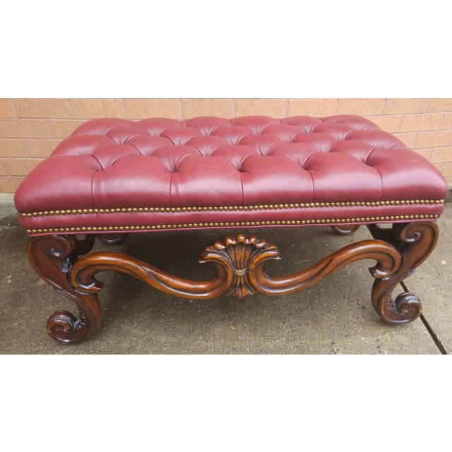 Whittemore-Cherrill Mahogany Brass Nail Trims & Maroon Leather Upholstered Bench Ottoman For Sale - Image 4 of 9