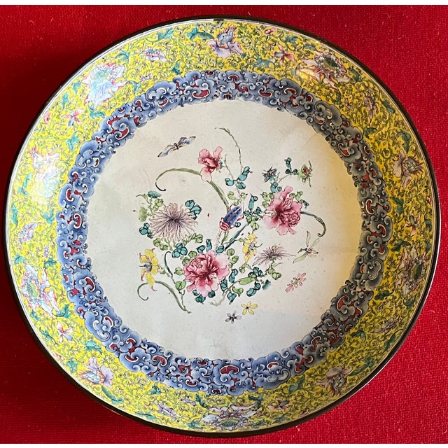 Antique 18th C. Chinese Qianlong Period (1736 - 1795) Canton Dish Painted Enamel on Copper With Flowers, Cricket and Bat For Sale - Image 10 of 13
