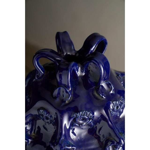 Blue Hand-Crafted Organic Modern Ceramic Vessel with Faces by John Rezner, 2010 For Sale - Image 8 of 9