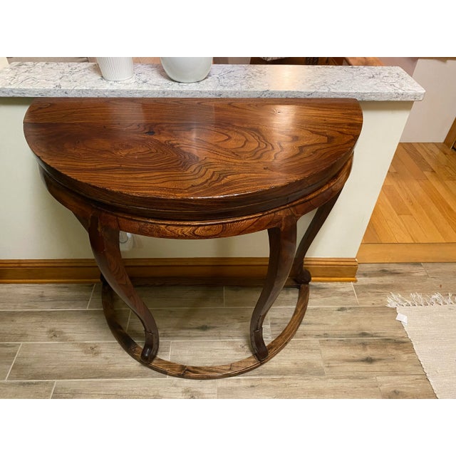 Transitional Antique Half-Moon / Demilune Console Table — Rich Wood With Elegant Curved Legs For Sale - Image 3 of 5