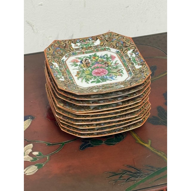 Antique Canton Rose Thousand Butterflies Porcelain Plates, Set of Ten For Sale - Image 11 of 12