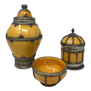 Set of 3 Vintage Moroccan Ceramic Jars with Silver Filigree, 1980 For Sale