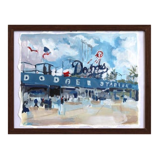 Dodgers - Framed Original Los Angeles Baseball Mixed Media Painting on Paper by Kellie Newsome For Sale