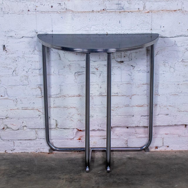 Mid 20th Century 1920-1940’s Art Deco Streamline Moderne Royalchrome Demilune Console Table Chrome Tube Frame & Black Laminate Top For Sale - Image 5 of 18