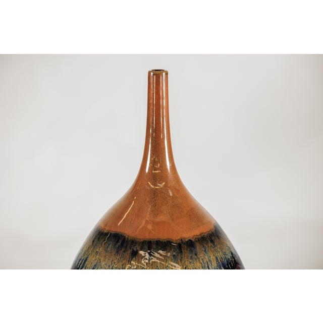 Large Artisan Ceramic Vase in Midnight Blue with Brown Tapered Neck For Sale - Image 11 of 18