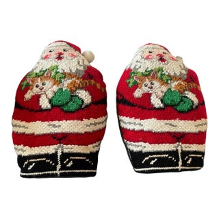 2 Vintage Figural Santa Claus Christmas Needlepoint Stand Up Pillows Doorstop For Sale