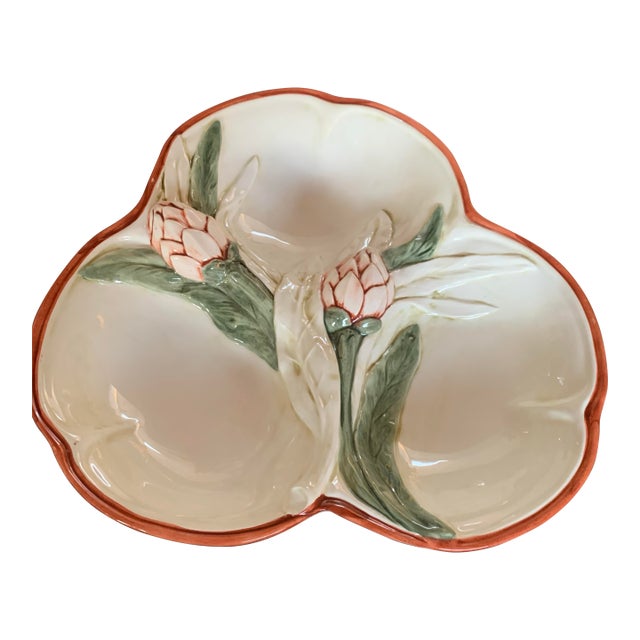 Vintage Carraro Italian Majolica Artichoke Three-Lobed Dish For Sale