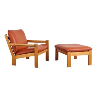 Brutalist Lounge Chair with Ottoman in Oak and Leather by Tage Poulsen, Denmark, 1960s, Set of 2 For Sale