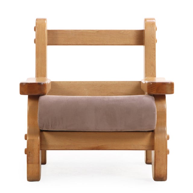A Pair of French Heavy Oak Brutalist Style Open Arm Chairs, C. 1960. For Sale - Image 4 of 8