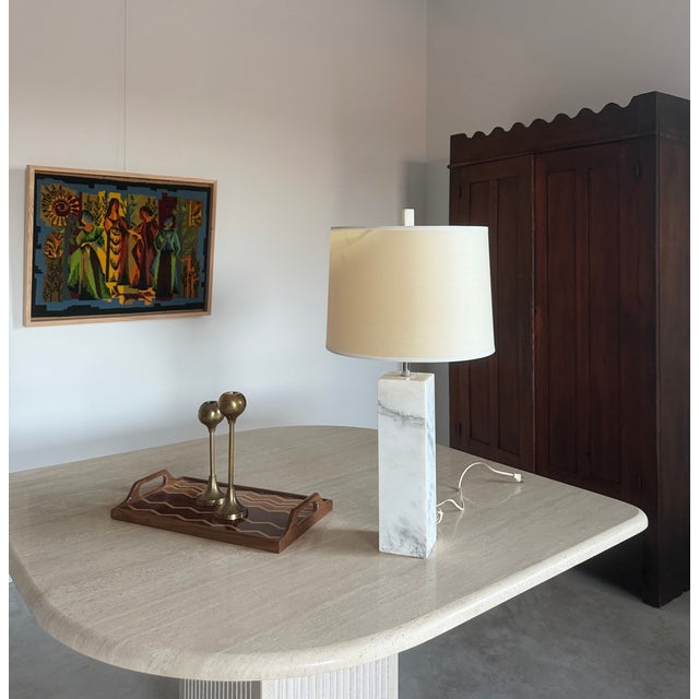 Metal Minimalist White Marble Plinth Table Lamp Knoll-Style (After Nessen) For Sale - Image 7 of 18