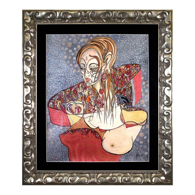 J Renwick Signed Acrylic Painting on Canvas Art Nouveau Female Figure Framed For Sale