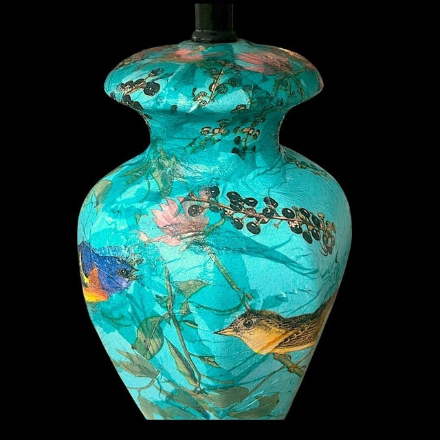 Chinoiserie Chinoiserie Bird & Botanical Decoupage Teal Table Lamp 21 Inches For Sale - Image 3 of 12