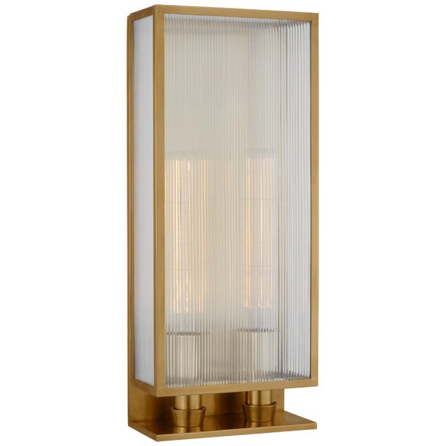 Barbara Barry for Visual Comfort Signature York 24" Double Box Sconce in Soft Brass with Clear Ribbed Glass For Sale