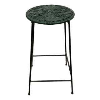 Vintage Forest Green Wicker Top Wire Frame Stool For Sale