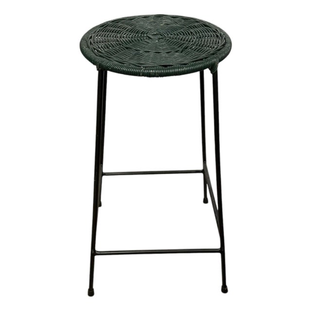 Vintage Forest Green Wicker Top Wire Frame Stool For Sale
