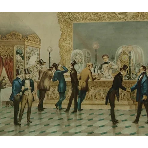 Stylish gentlemen's club interior scene featuring a grand bar!~ Art: 15" x 11 1/2" Frame: 20 1/2" x 17 1/4"