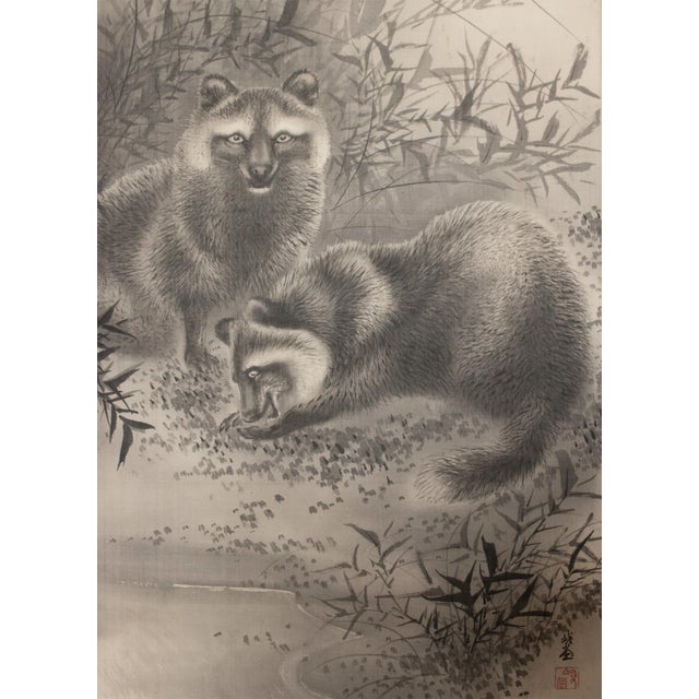 "Raccoons and the Moon", Taisho to Early Showa Era Japanese Ink Scroll Painting For Sale - Image 4 of 18