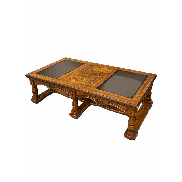 Vintage Mediterranean Revival Parquet-Pattern Wood and Smoked Glass Coffee Table For Sale - Image 13 of 18