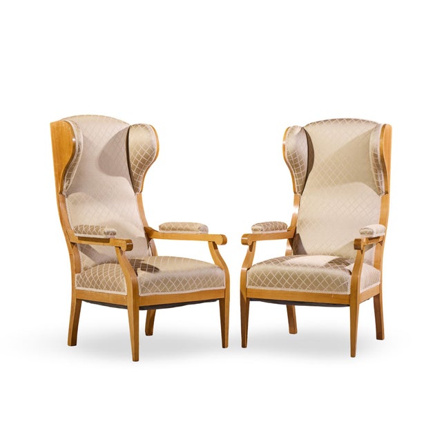 Frits Henningsen Style Swedish Biedermeier Wingback Lounge Chairs - Pair Each chair measures: 27.5 wide x 32 deep x 48.5...